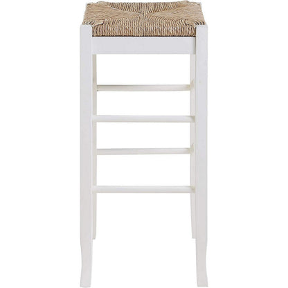Benjara Square Wooden Frame Barstool with Hand Woven Rush, White And Brown