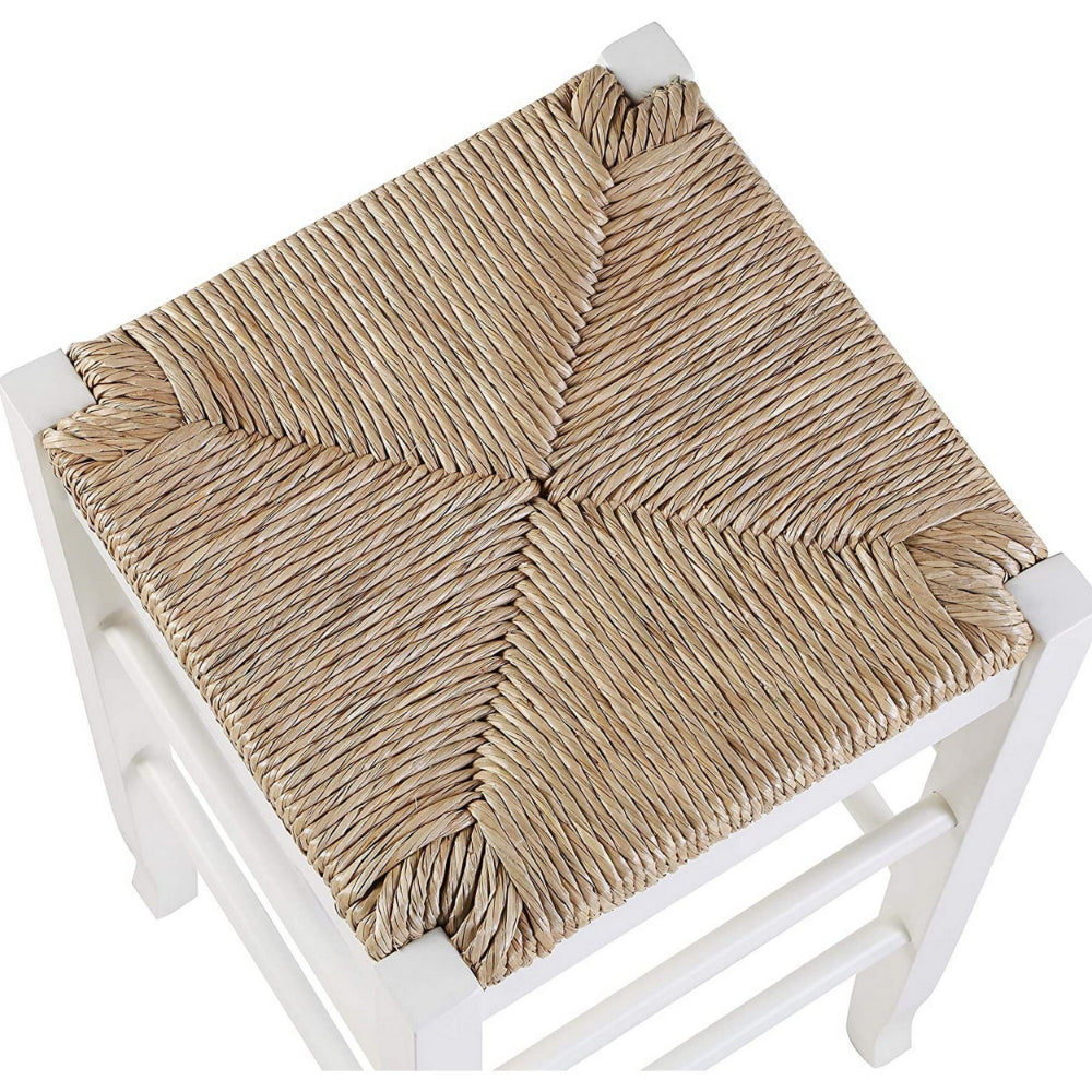 Benjara Square Wooden Frame Barstool with Hand Woven Rush, White And Brown