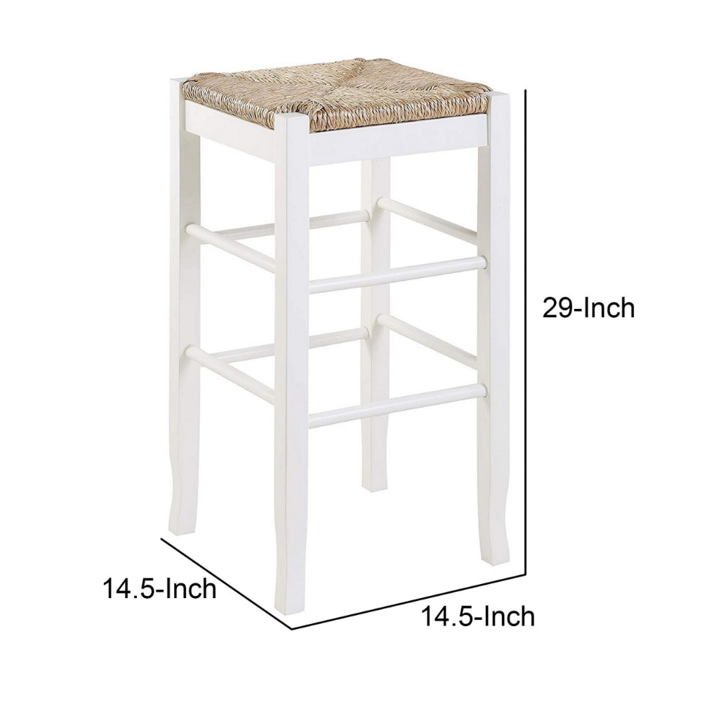 Benjara Square Wooden Frame Barstool with Hand Woven Rush, White And Brown