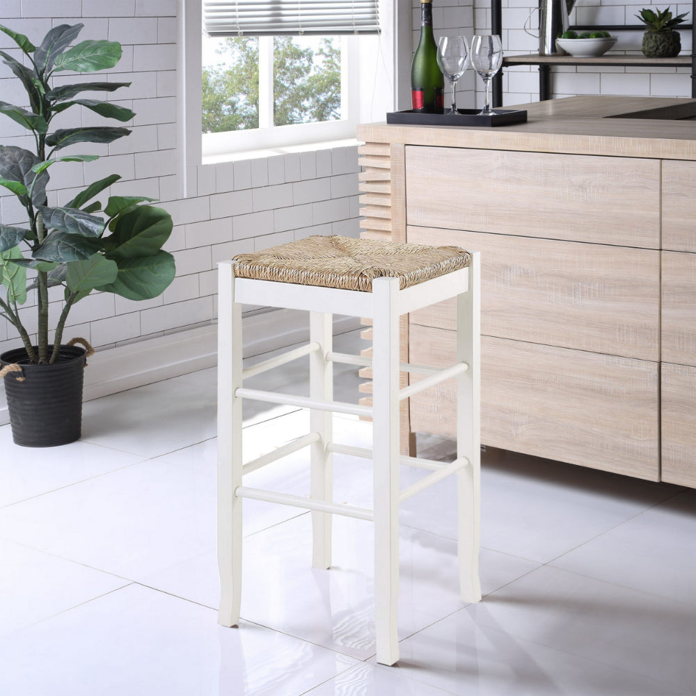 Benjara Square Wooden Frame Barstool with Hand Woven Rush, White And Brown