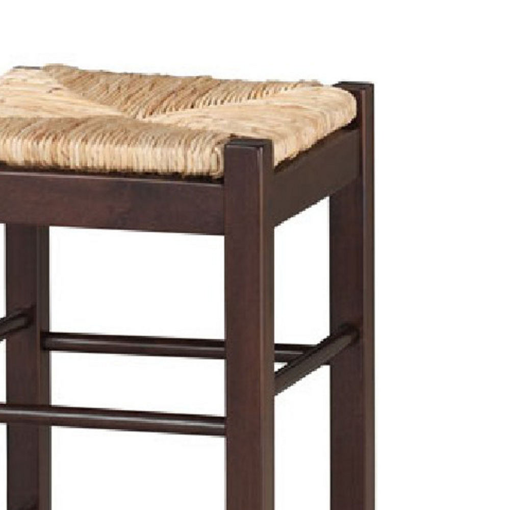 Benjara Rush Woven Wooden Frame Barstool with Saber Legs, Beige And Dark Brown