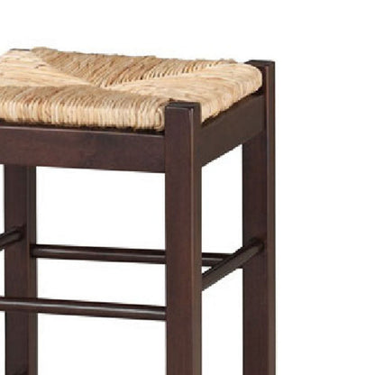 Benjara Rush Woven Wooden Frame Barstool with Saber Legs, Beige And Dark Brown