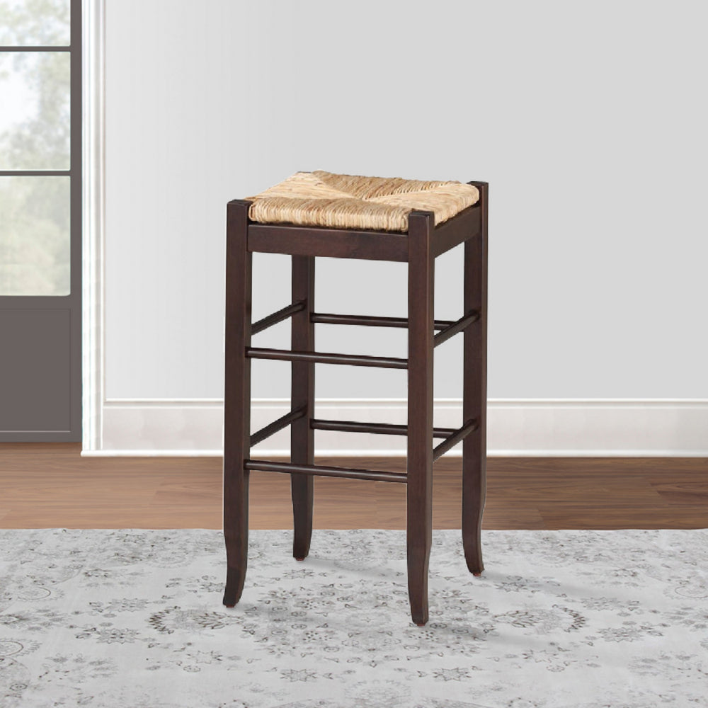 Benjara Rush Woven Wooden Frame Barstool with Saber Legs, Beige And Dark Brown