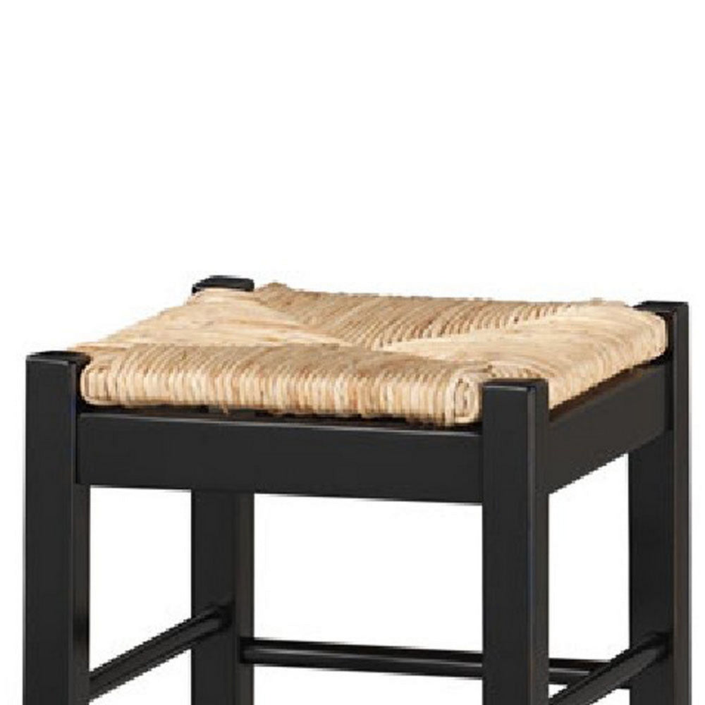 Benjara Rush Woven Wooden Frame Barstool with Saber Legs, Beige And Black