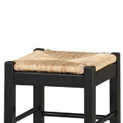 Benjara Rush Woven Wooden Frame Barstool with Saber Legs, Beige And Black
