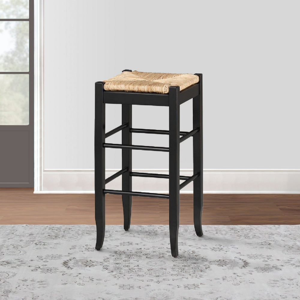 Benjara Rush Woven Wooden Frame Barstool with Saber Legs, Beige And Black