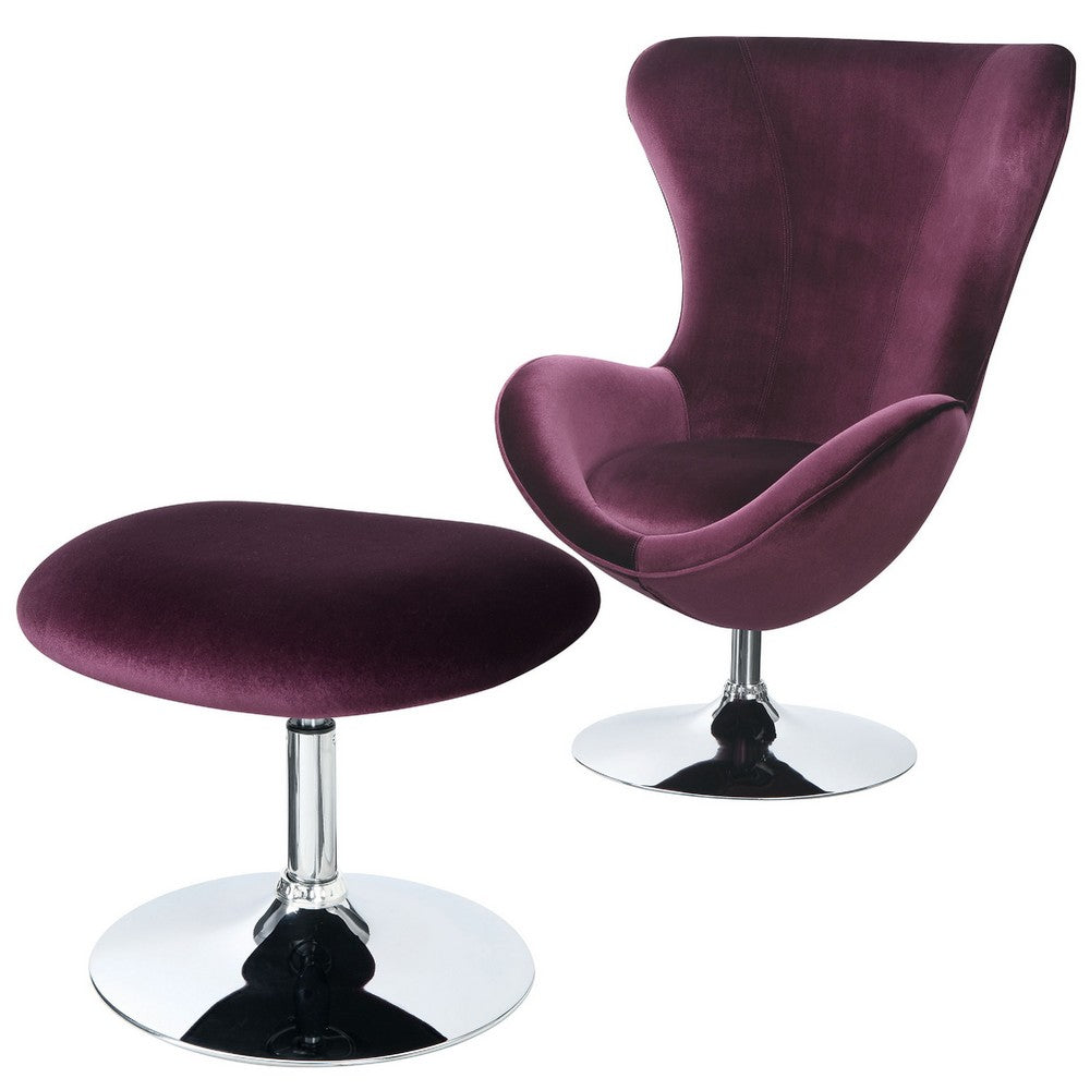 Benzara Fabric Curved Design Chair with Ottoman And Tubular Base, Set of 2, Purple