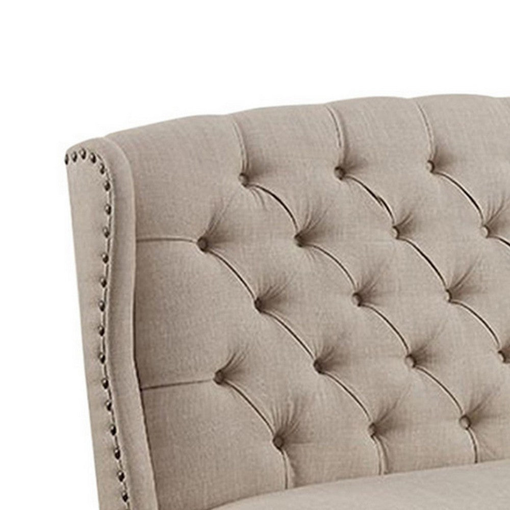 Benzara Nailhead Trim Fabric Upholstered Wing Back Wooden Bench, Beige And Black