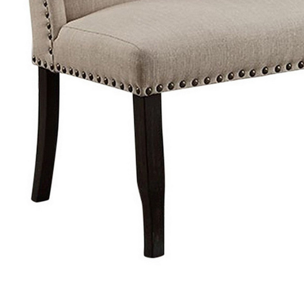 Benzara Nailhead Trim Fabric Upholstered Wing Back Wooden Bench, Beige And Black