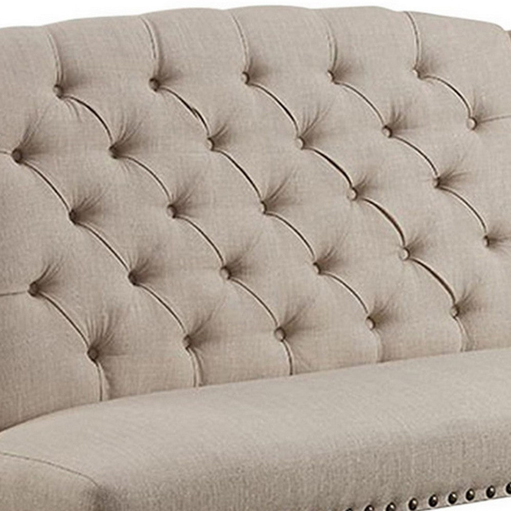 Benzara Nailhead Trim Fabric Upholstered Wing Back Wooden Bench, Beige And Black