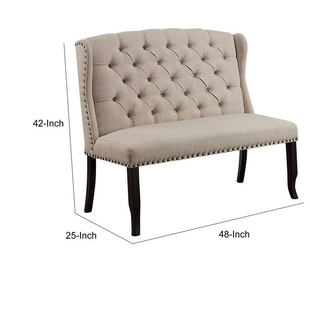Benzara Nailhead Trim Fabric Upholstered Wing Back Wooden Bench, Beige And Black