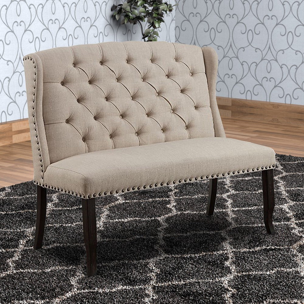 Benzara Nailhead Trim Fabric Upholstered Wing Back Wooden Bench, Beige And Black