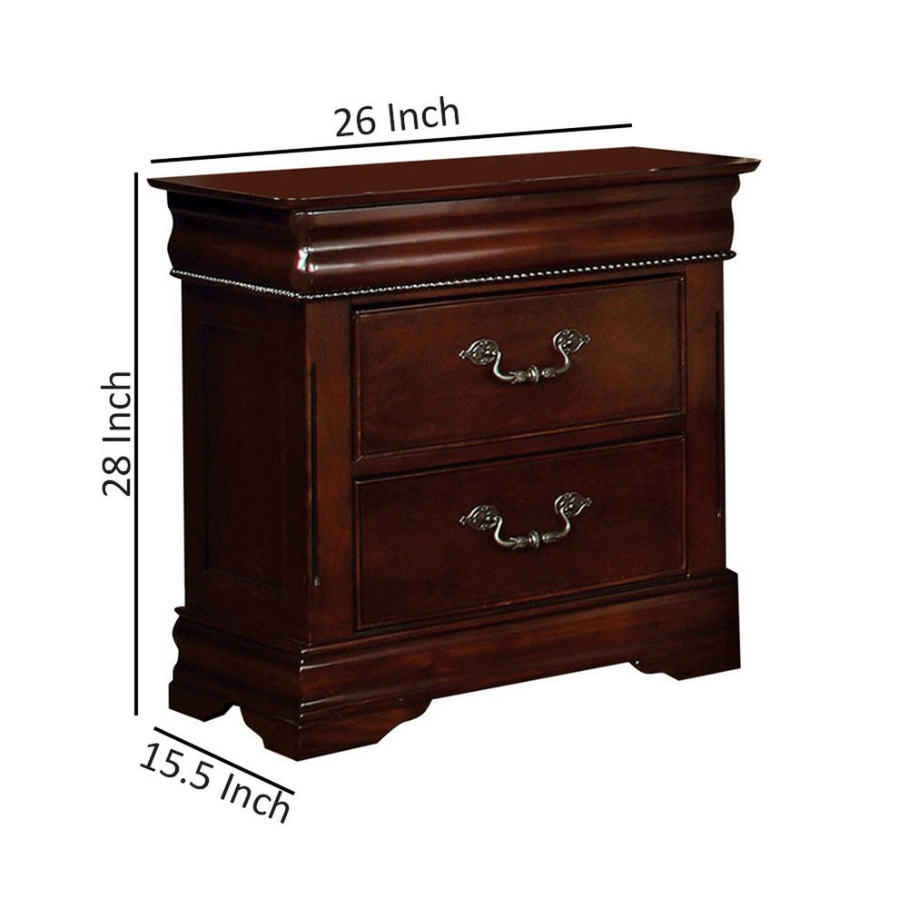 Benzara 2 Drawer Wooden Nightstand with Hidden Top Drawer And Metal Handles, Brown