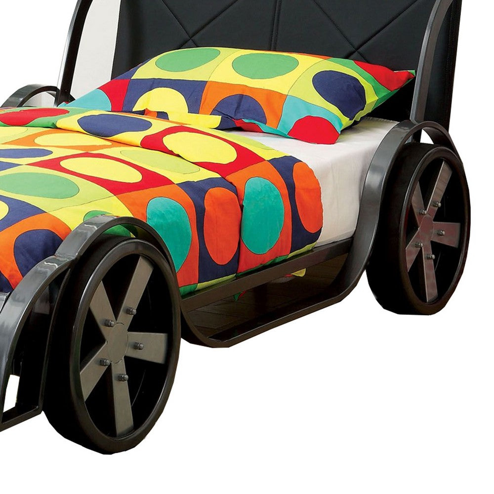 Benzara GT Racer Metal Twin size bed, Silver And Black