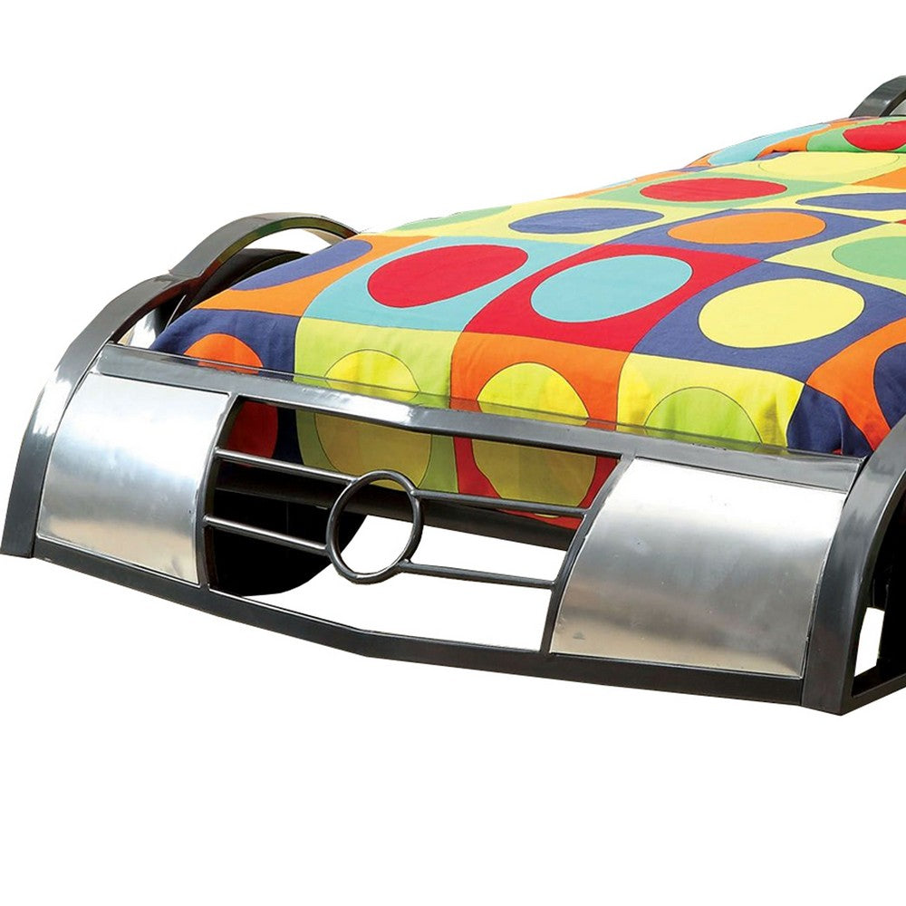 Benzara GT Racer Metal Twin size bed, Silver And Black