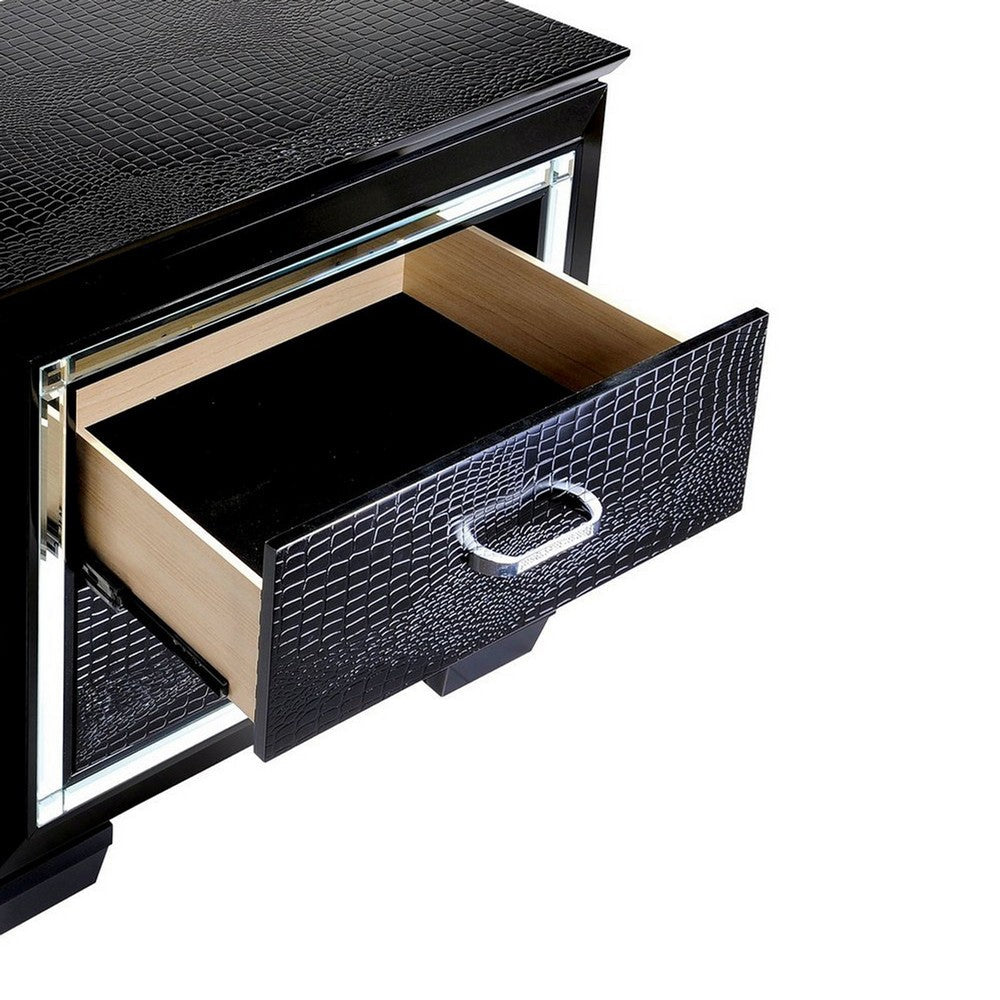 Benzara 30 Inch Textured Nightstand, 2 Drawers, Mirror Trim, Black