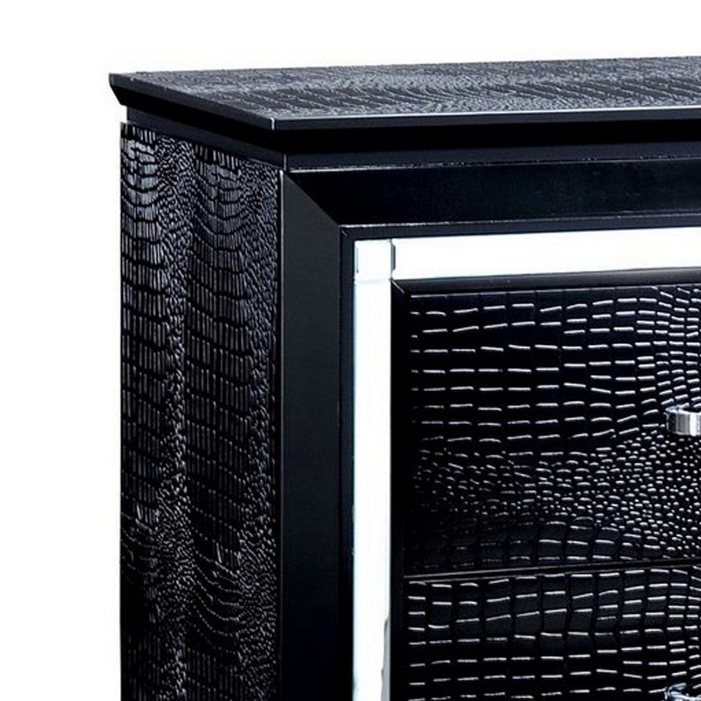 Benzara 30 Inch Textured Nightstand, 2 Drawers, Mirror Trim, Black