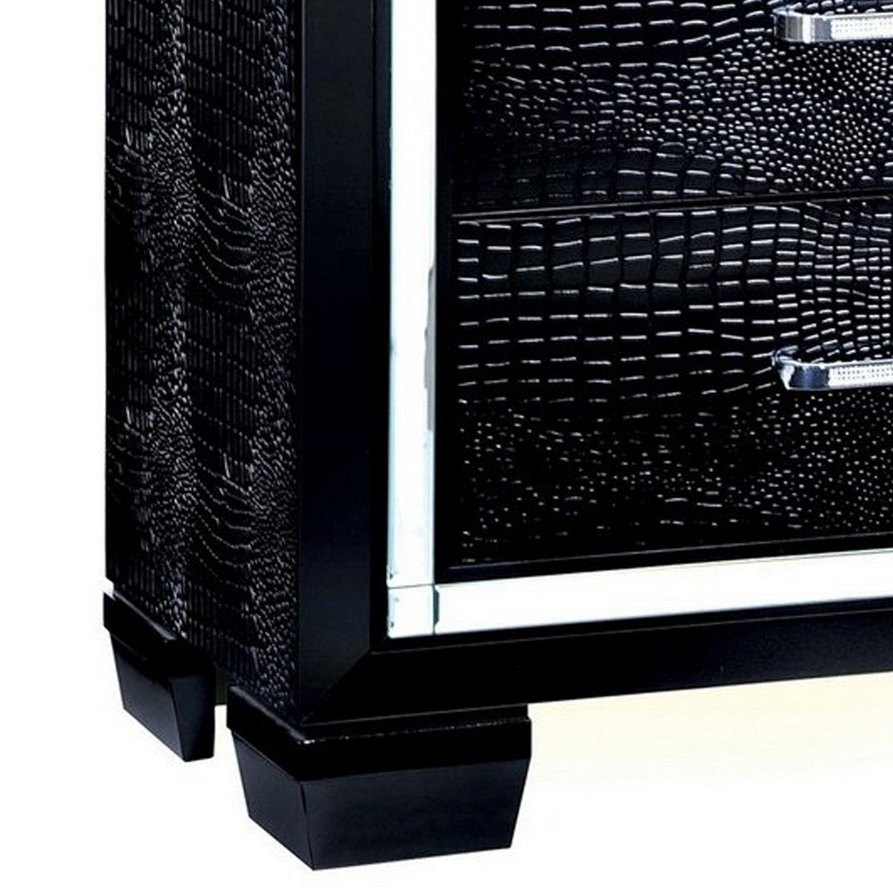 Benzara 30 Inch Textured Nightstand, 2 Drawers, Mirror Trim, Black
