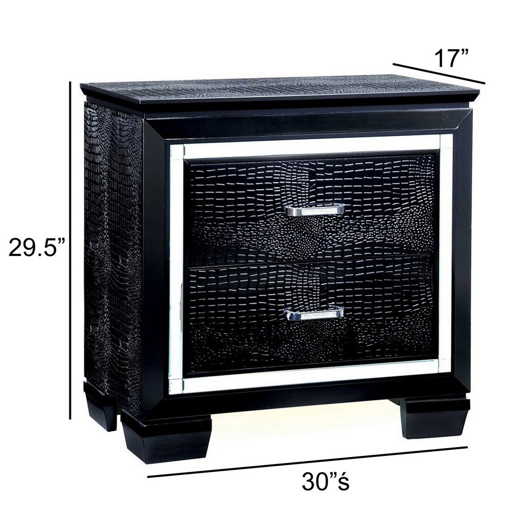 Benzara 30 Inch Textured Nightstand, 2 Drawers, Mirror Trim, Black