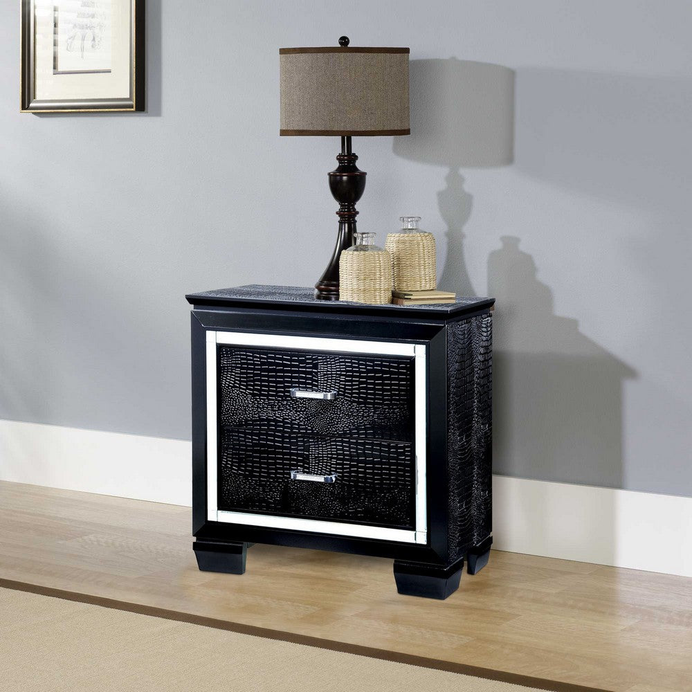 Benzara 30 Inch Textured Nightstand, 2 Drawers, Mirror Trim, Black