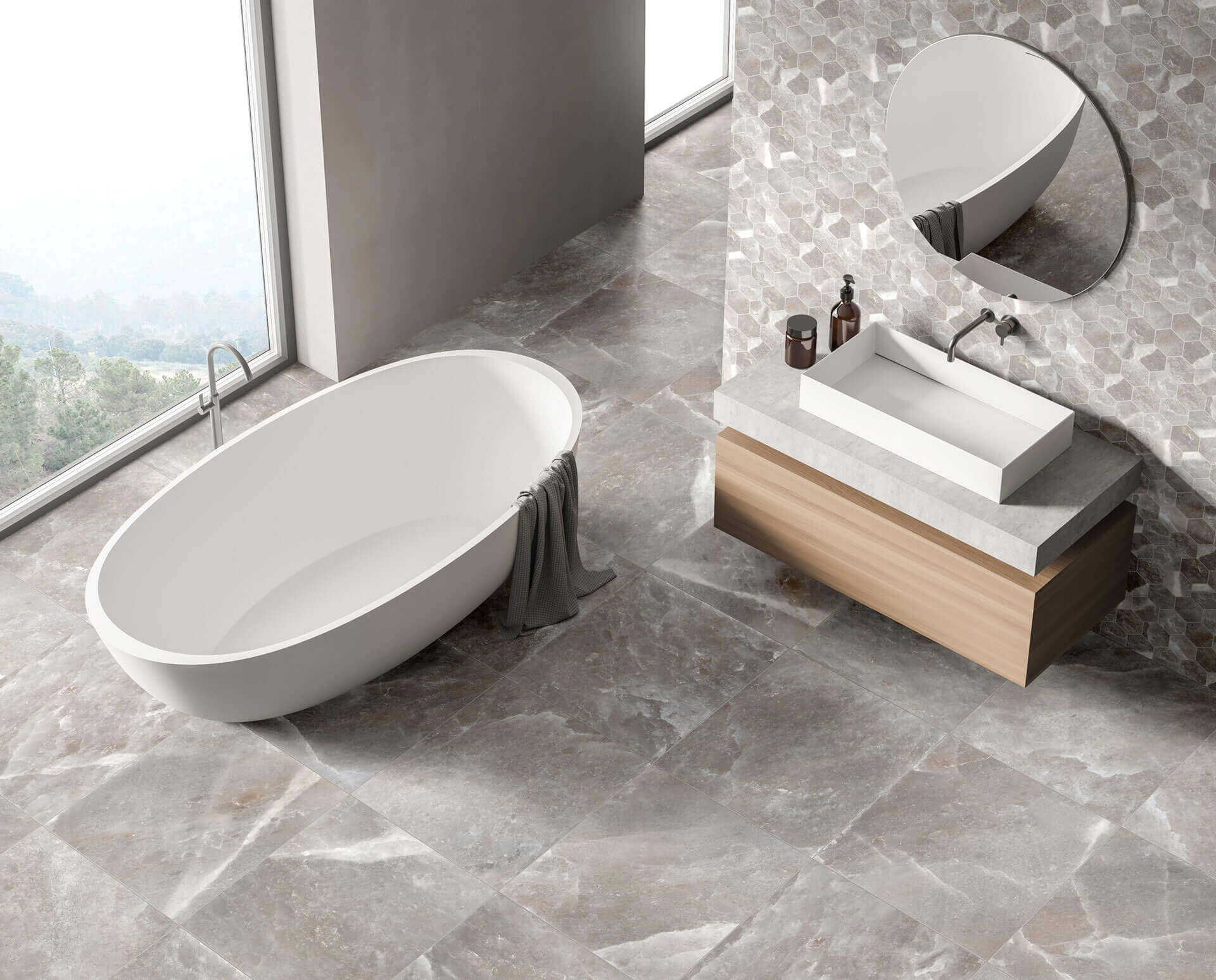 Happy Floors Salt Stone Hexagon 12" x 14" Porcelain Mosaic