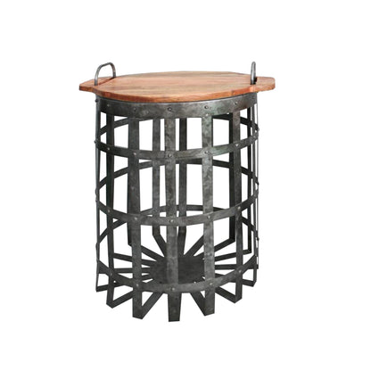 Benjara Industrial Grid Galvanized Accent Side End Table with Round Lid And Handles, Set of 2, Gray And Brown