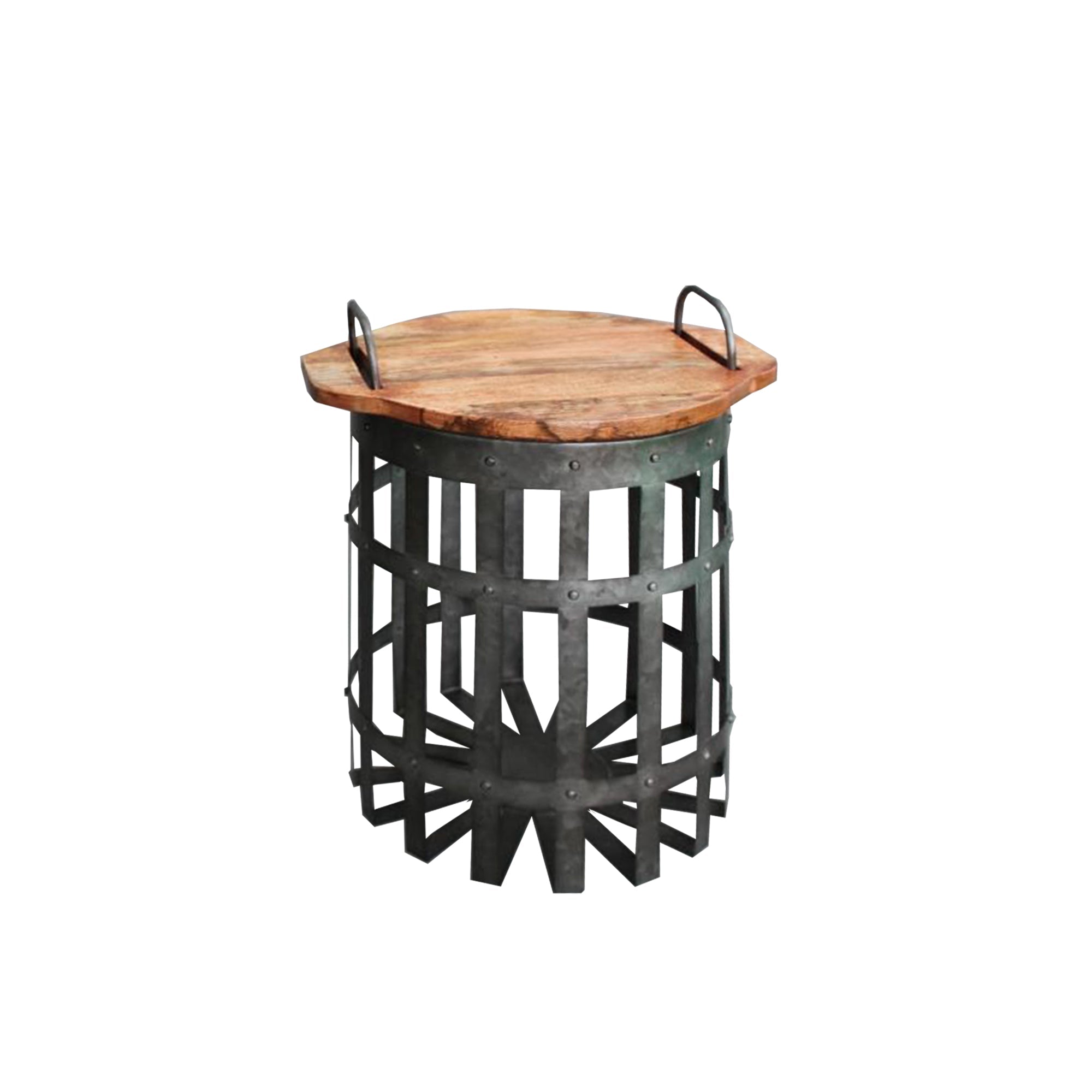 Benjara Industrial Grid Galvanized Accent Side End Table with Round Lid And Handles, Set of 2, Gray And Brown