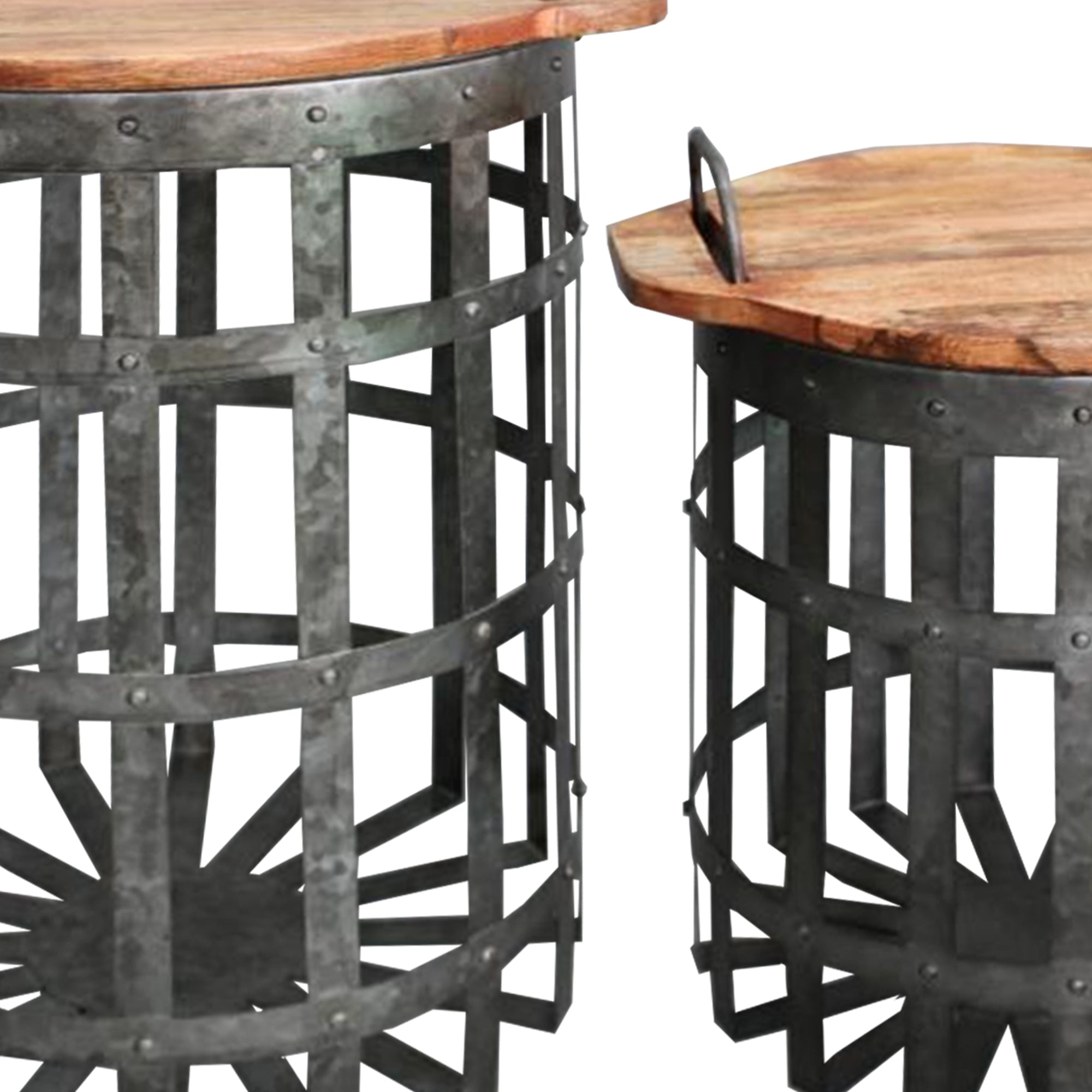 Benjara Industrial Grid Galvanized Accent Side End Table with Round Lid And Handles, Set of 2, Gray And Brown