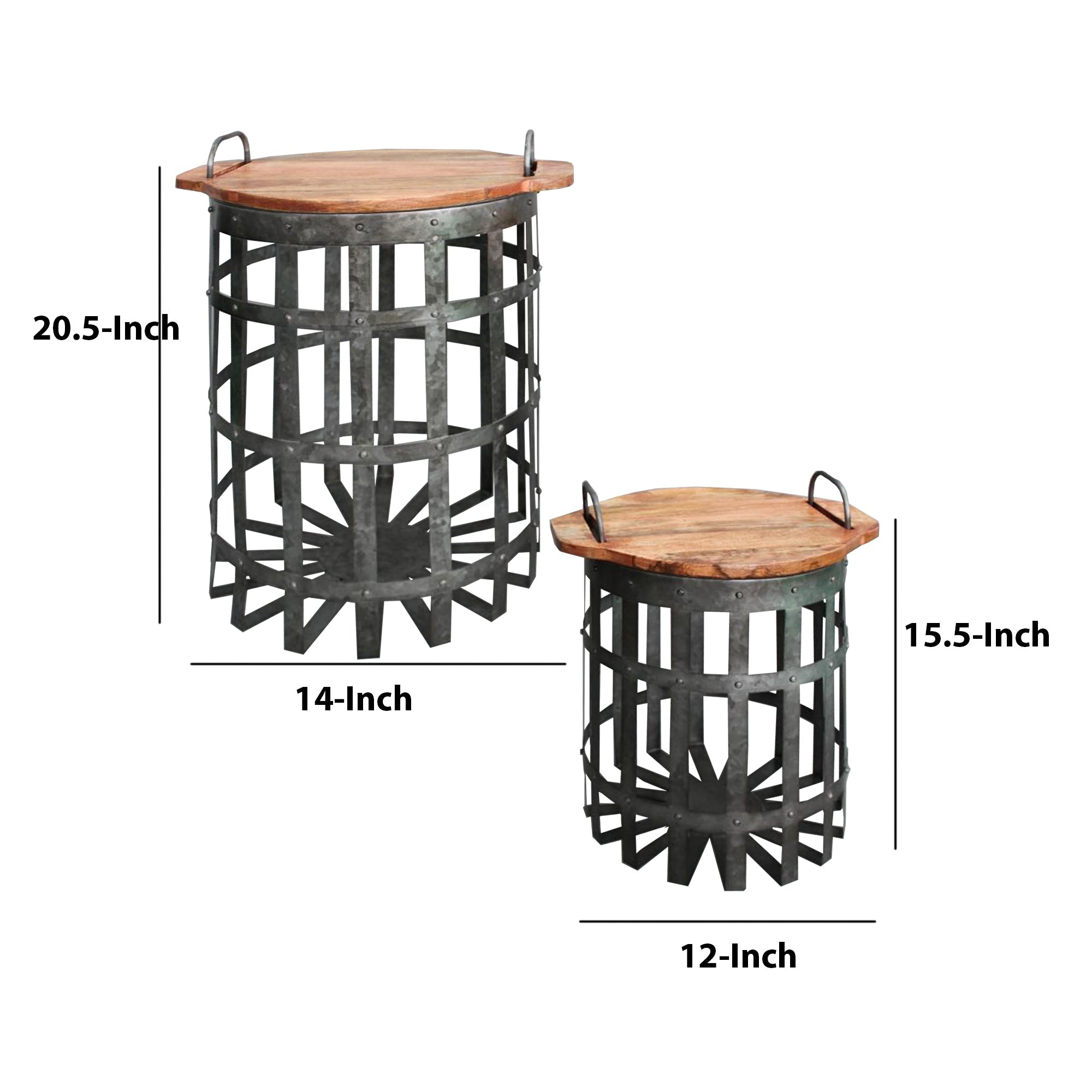 Benjara Industrial Grid Galvanized Accent Side End Table with Round Lid And Handles, Set of 2, Gray And Brown