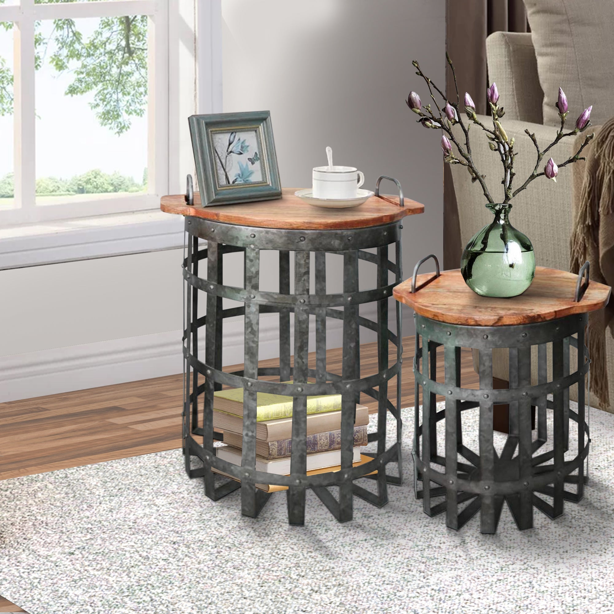 Benjara Industrial Grid Galvanized Accent Side End Table with Round Lid And Handles, Set of 2, Gray And Brown
