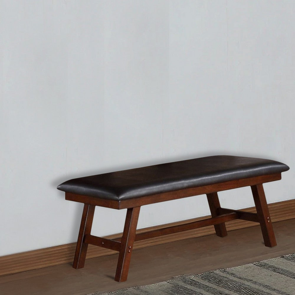Poundex Rubber Wood Bench With Faux Leather Upholstery Large Brown