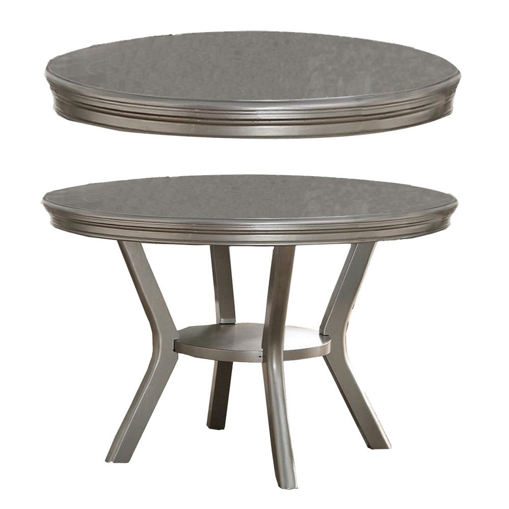 Poundex Rubber Wood Round Dining Table With Bottom Shelf Silver