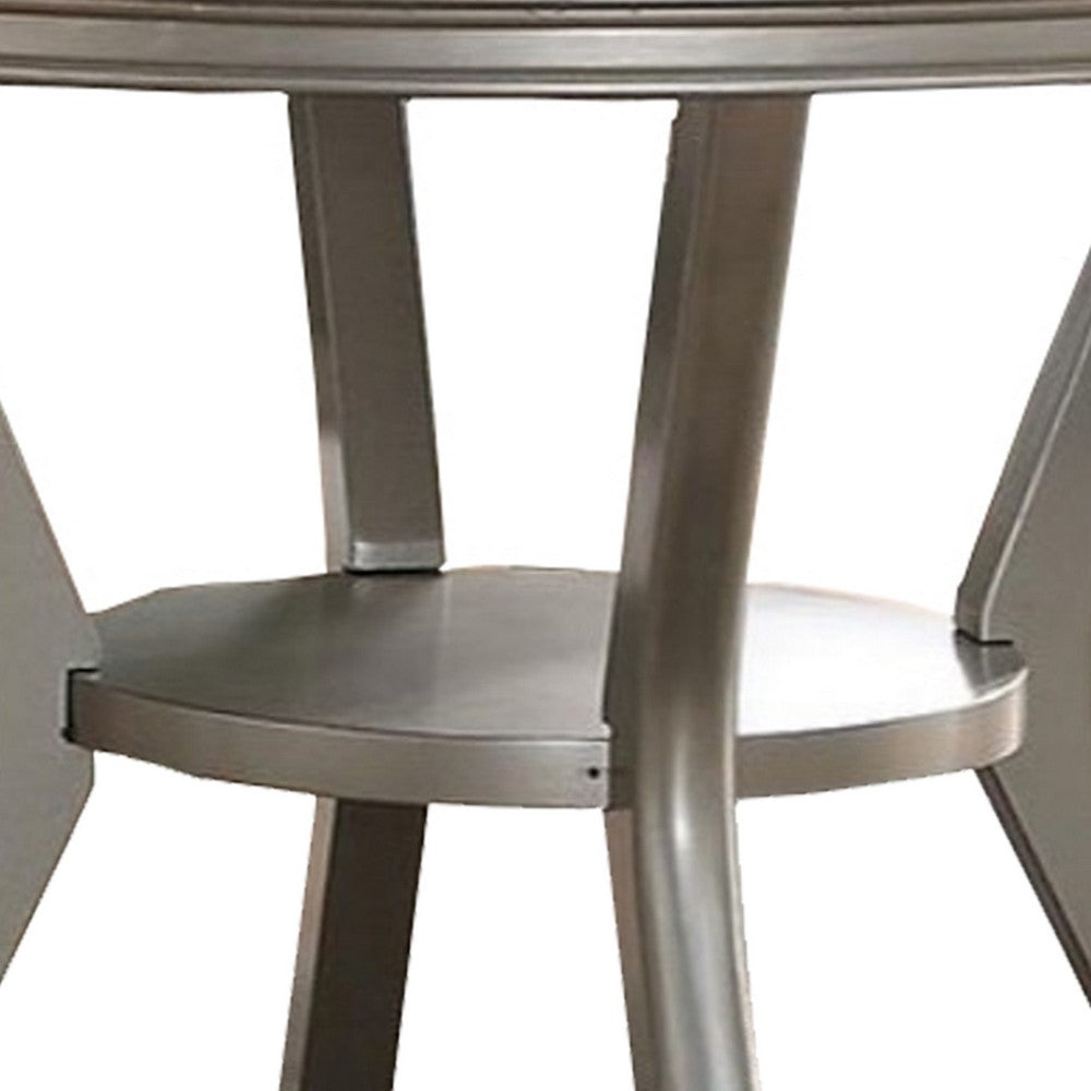 Poundex Rubber Wood Round Dining Table With Bottom Shelf Silver