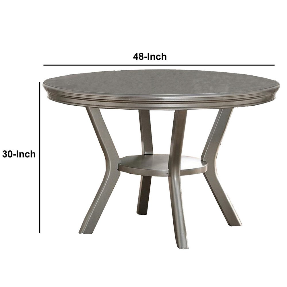 Poundex Rubber Wood Round Dining Table With Bottom Shelf Silver