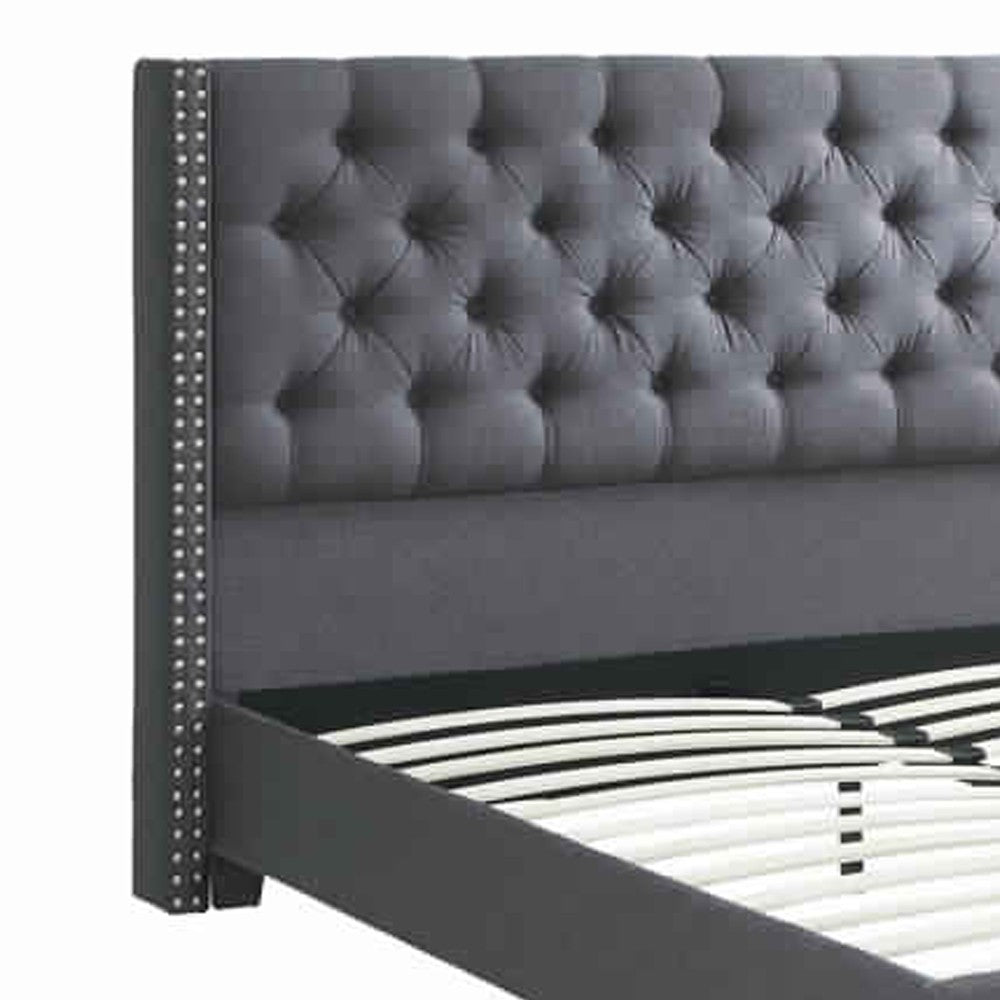 Poundex Polyfiber Upholstered Full Size Bed Featuring Nail head Trim Blue Gray