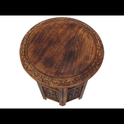 The Urban Port 18 Inch Mango Wood Folding Accent Table, Hand Carved, Walnut Brown