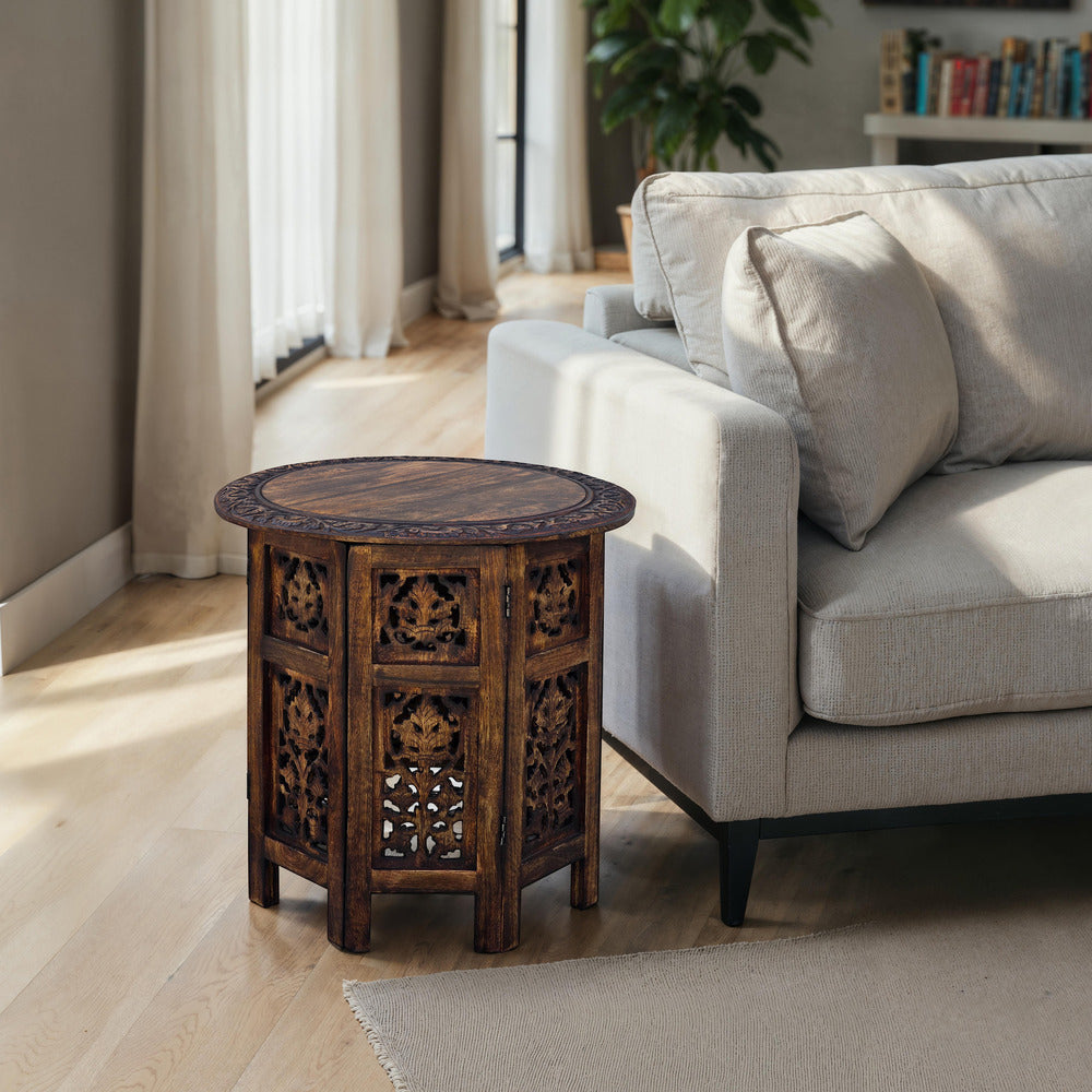 The Urban Port 18 Inch Mango Wood Folding Accent Table, Hand Carved, Walnut Brown