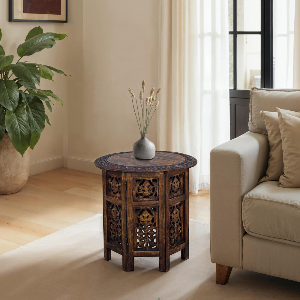 The Urban Port 18 Inch Mango Wood Folding Accent Table, Hand Carved, Walnut Brown
