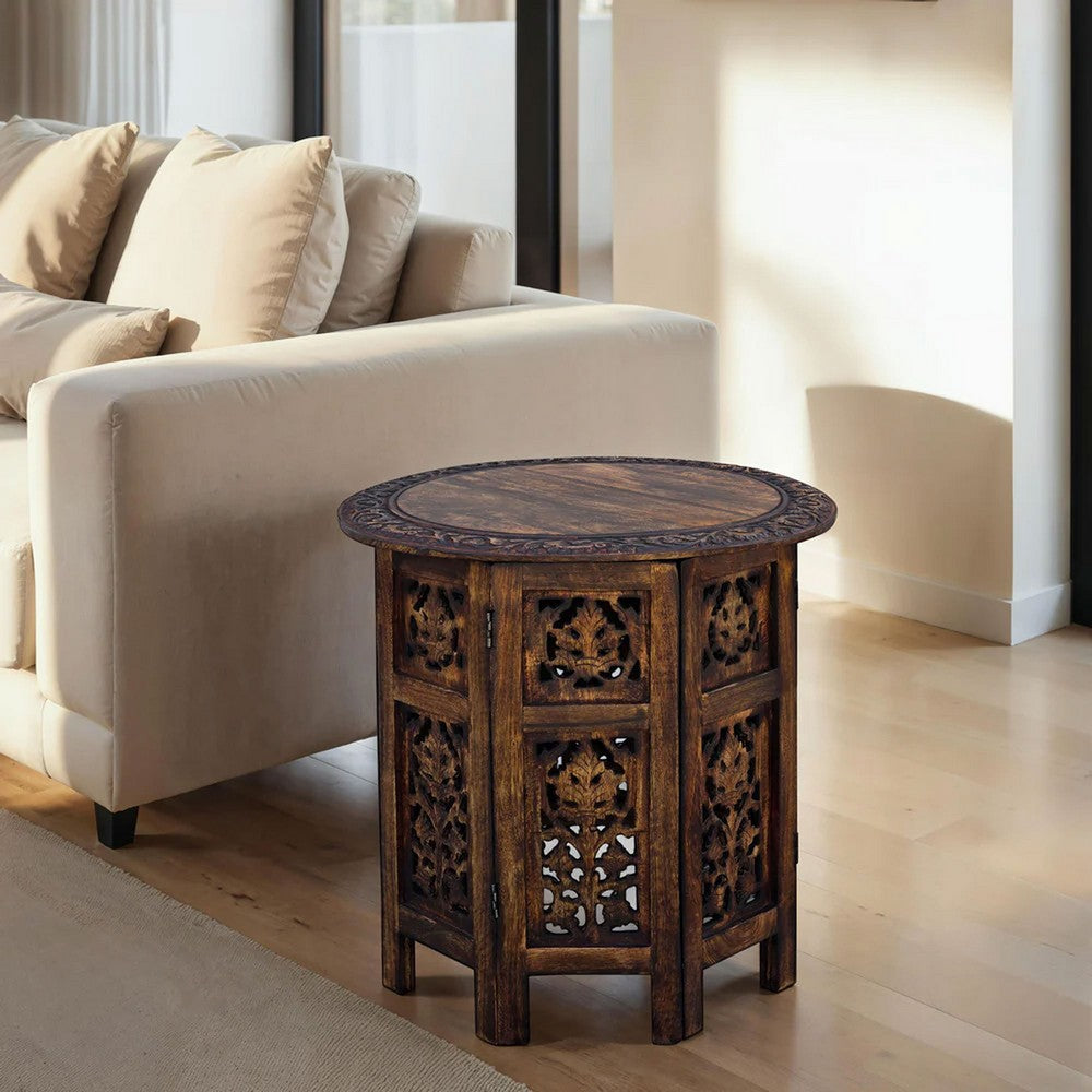 The Urban Port 18 Inch Mango Wood Folding Accent Table, Hand Carved, Walnut Brown