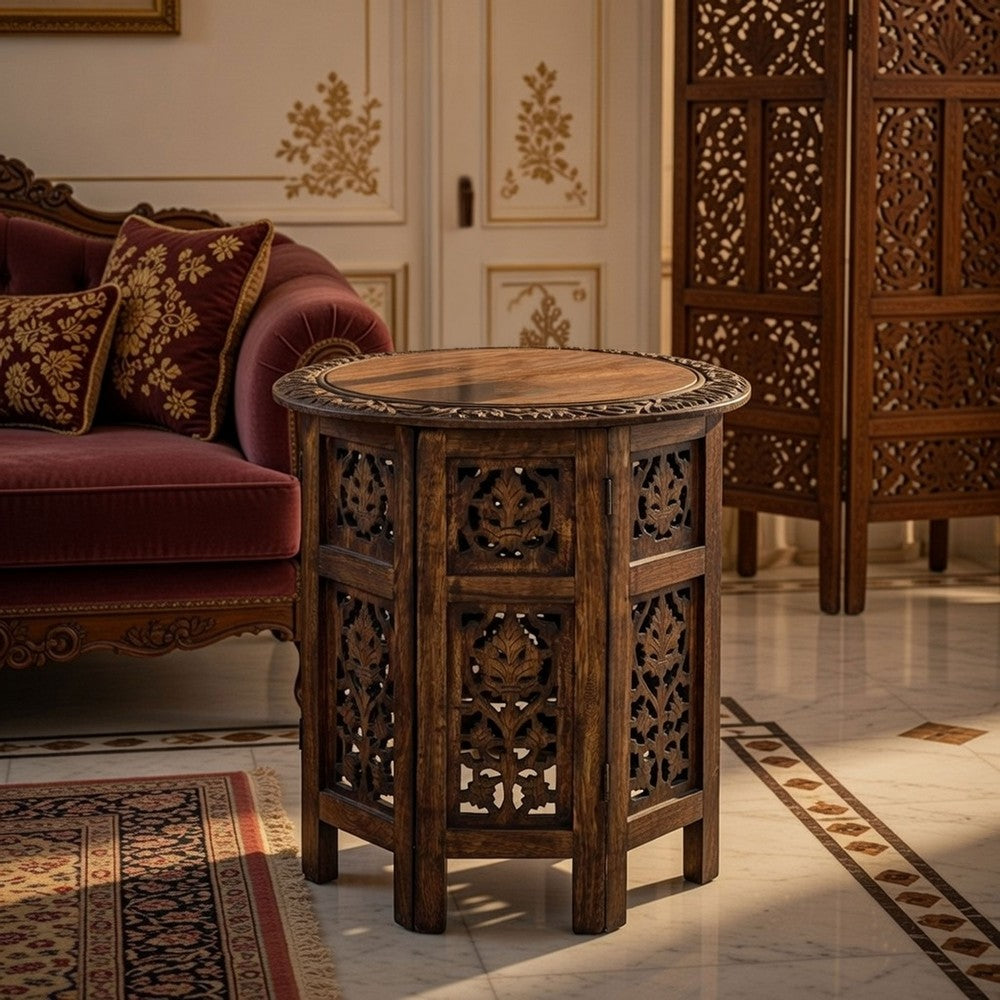 The Urban Port 18 Inch Mango Wood Folding Accent Table, Hand Carved, Walnut Brown