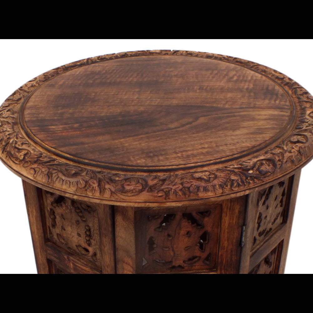The Urban Port 18 Inch Mango Wood Folding Accent Table, Hand Carved, Walnut Brown