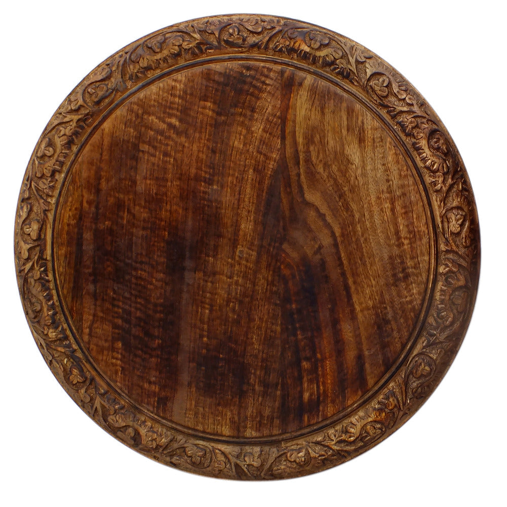 The Urban Port 18 Inch Mango Wood Folding Accent Table, Hand Carved, Walnut Brown