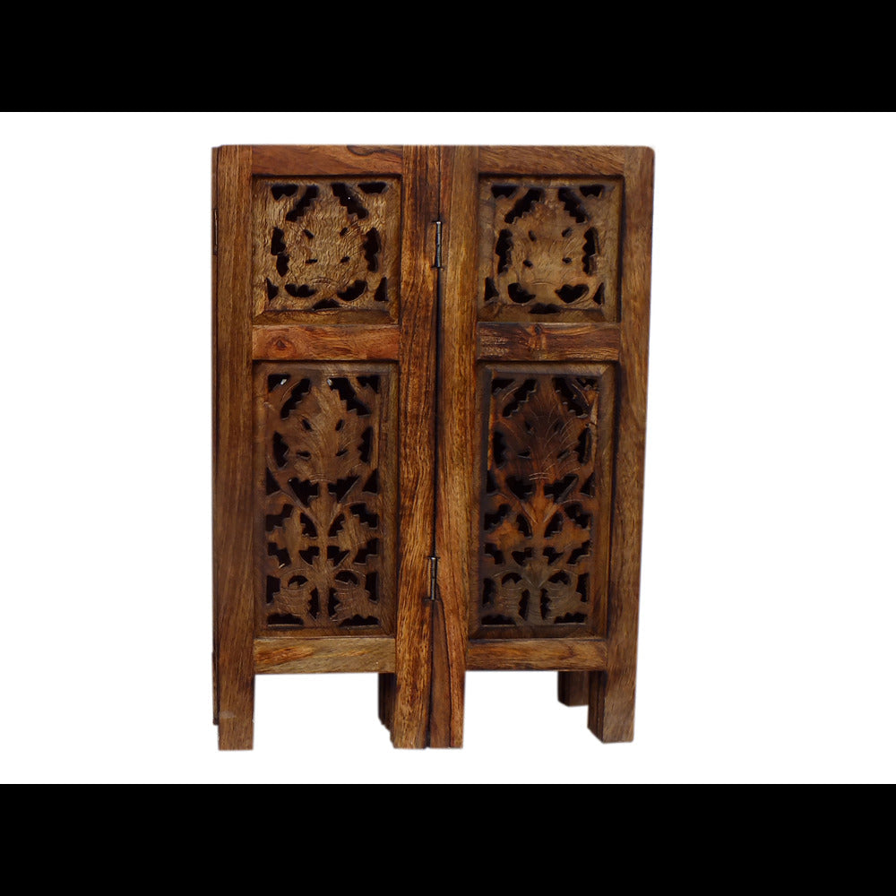 The Urban Port 18 Inch Mango Wood Folding Accent Table, Hand Carved, Walnut Brown