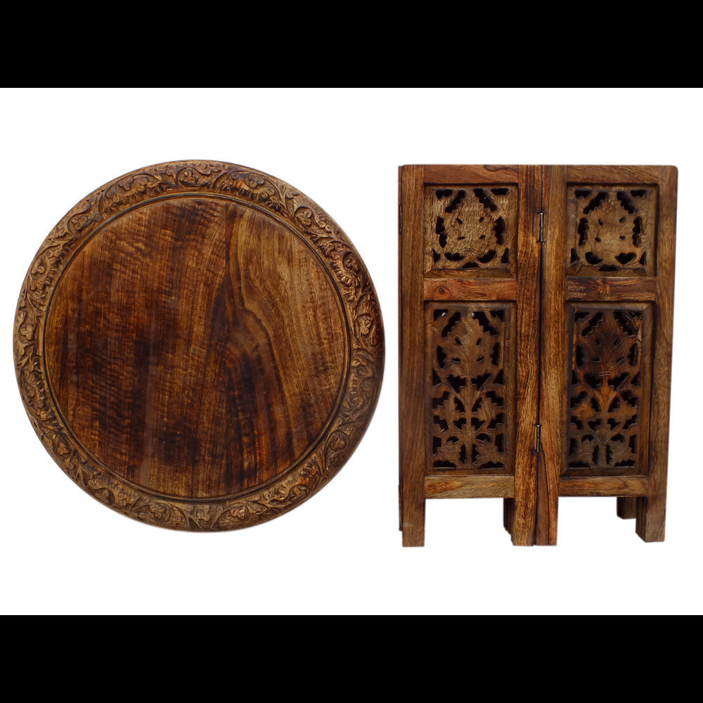 The Urban Port 18 Inch Mango Wood Folding Accent Table, Hand Carved, Walnut Brown