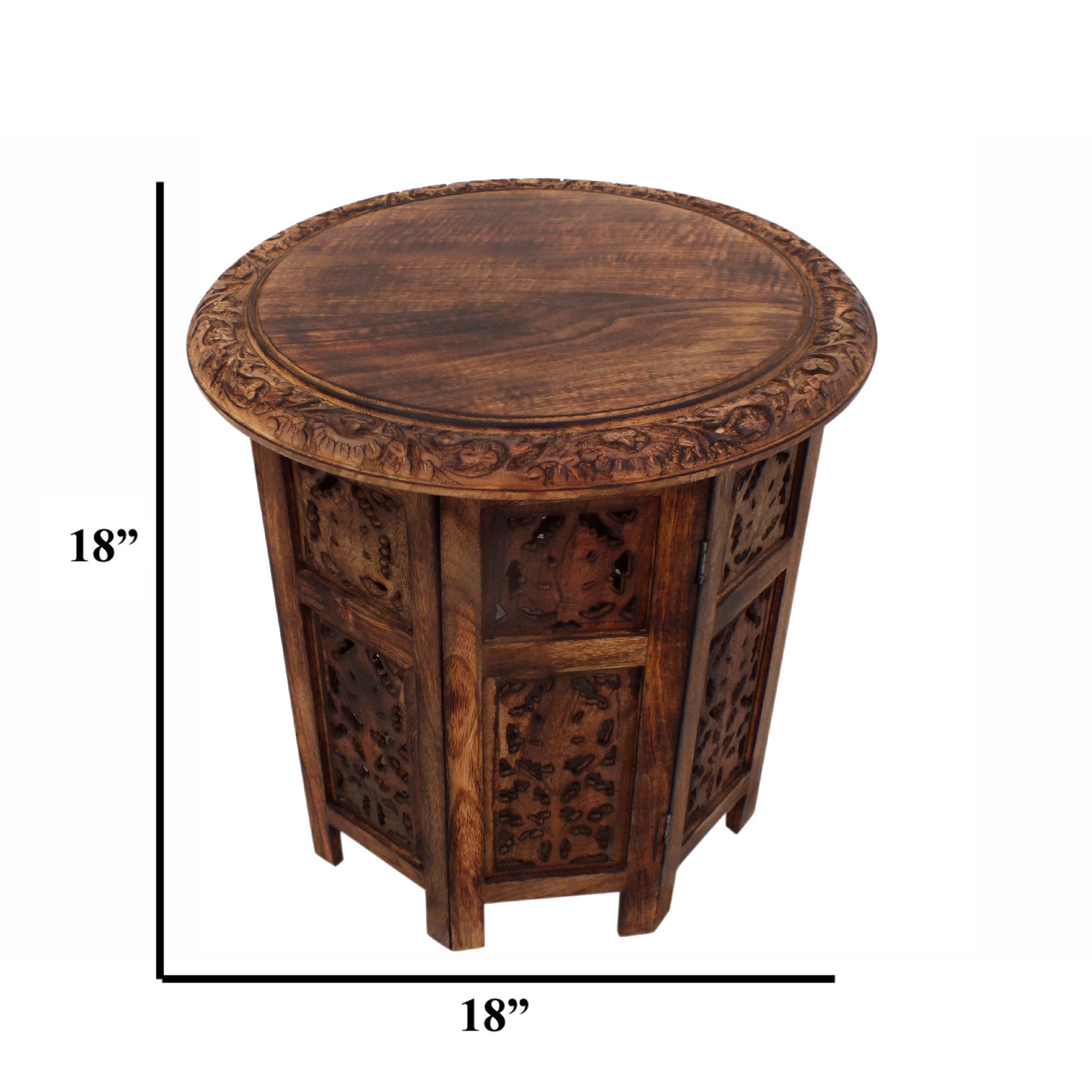 The Urban Port 18 Inch Mango Wood Folding Accent Table, Hand Carved, Walnut Brown