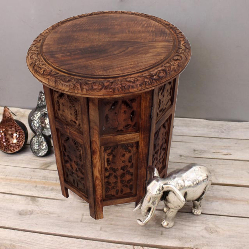 The Urban Port 18 Inch Mango Wood Folding Accent Table, Hand Carved, Walnut Brown