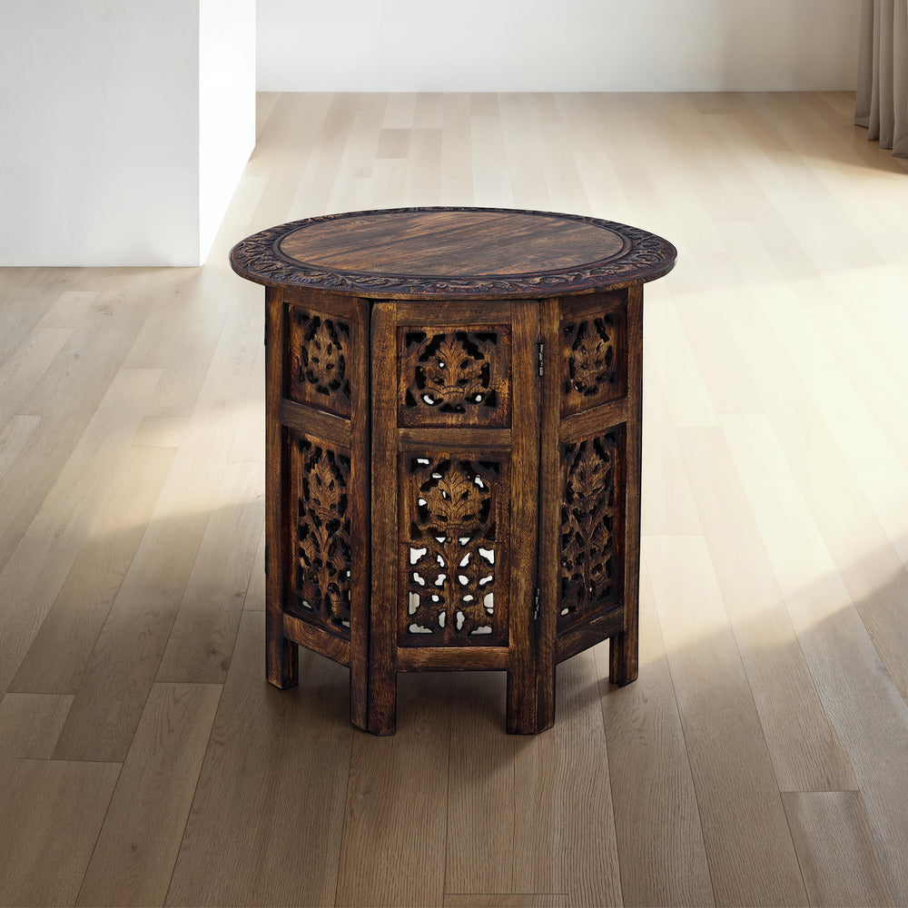 The Urban Port 18 Inch Mango Wood Folding Accent Table, Hand Carved, Walnut Brown