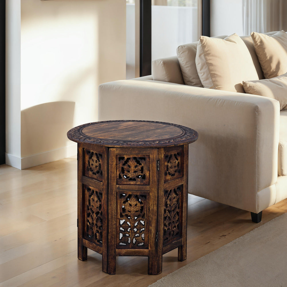 The Urban Port 18 Inch Mango Wood Folding Accent Table, Hand Carved, Walnut Brown