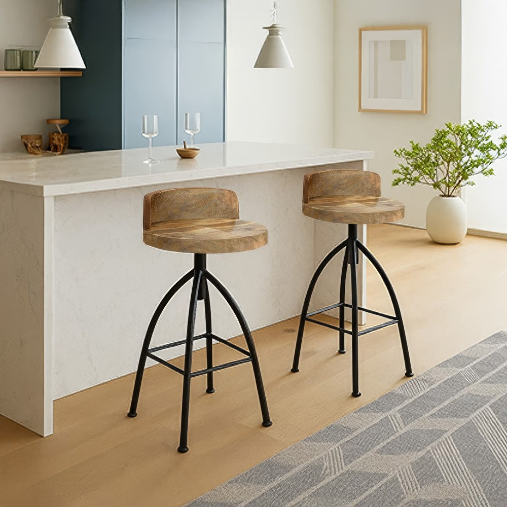 The Urban Port Pia 25-31 Inch Set of 2 Industrial Style Counter Height Stools with Adjustable Swivel Seat, Brown, Black