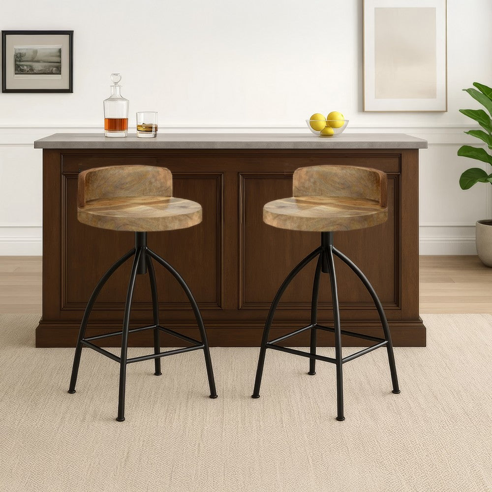 The Urban Port Pia 32-35 Extra Tall Adjustable Barstool, Set of 2, Natural Brown Mango Wood Seat, Black Iron Frame